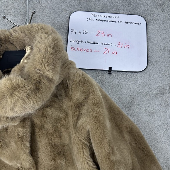 Gallery New York Womens L Hooded Faux Fur Coat Tan Plush Warm Satin Lined Jacket - Picture 7 of 16